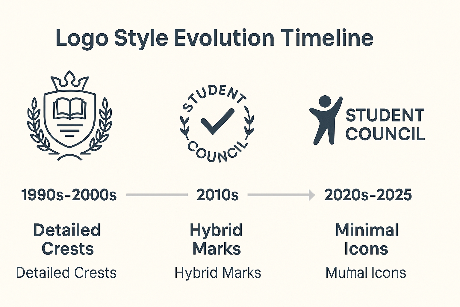 Timeline showing student council logo styles evolving from ornate crests (2010) to minimalist icons (2025).